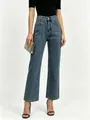 Women's heart leopard print high waist straight leg blue denim jeans with 5 pockets - S / Vintage Blue