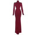 Elegant slim fit wine red maxi dress with high neck and V-shaped pleated waist details - S / Burgundy