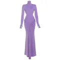 Slim fit purple turtleneck maxi dress with side ruching and finger hole sleeves - S / Purple
