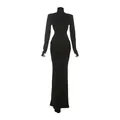 Robe longue noire élégante à col montant et manches longues avec fronces devant - M / Noir