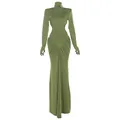 Olive green high-neck slim maxi dress with waist cut-outs and V-shaped ruching detail - S / Army Green