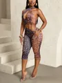 Dettaglio del set halter con stampa a cervo e leggings a vita alta con cut-out - S / Completo Top Halter e Pantaloni Marroni