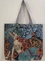 Artistic tapestry tote bag in black with floral portrait and striped handles - Style 6 (Female Silhouette and Flowers)