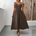 Brown sleeveless textured maxi dress with V-neck and pleated waist for summer - S / Coffee Brown