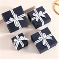 Dark blue textured jewelry gift box set with white ribbon and Crystal Jewelry text - 7.5*7.5*3.5 (Including Sponge) / Letter Bow Blue