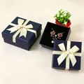Dark blue square jewelry gift box with beige bow and red rose necklace set - 5x5x3cm (With Sponge) / Navy Blue (Gold Edge)