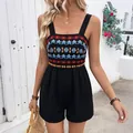 Mouloos dames jumpsuit voor de zomer met bohemien borduursels en elastische taille - S / Zwart