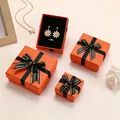 Orange jewelry gift box set with black bow ribbon for rings and H-shape necklace - 5x5x3cm (With Sponge) / Starlight Orange Style