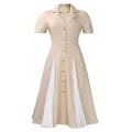 Λεπτομέρεια μπεζ κοντομάνικο φόρεμα με πέτο και λευκό πλισέ σιφόν στο πλάι - S / Βερικοκί