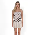 Satinkleid mit Polka-Dots in Creme und Braun mit zarten Spitzenverzierungen - S / Kaffee Polka Dot