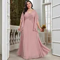 Plus size dusty pink chiffon evening gown with beaded embroidery and batwing sleeves - 1XL / Lotus Pink