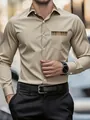 Men's slim fit long sleeve business casual shirt in khaki with plaid collar details - S / Khaki Plaid Decoration (B-141-7)