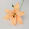 Handmade crochet lily flower in creamy orange yarn with green stem and leaf - Finished Lily Stems - Light Yellow