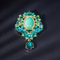 Elegant gold brooch with light green oval stone and dark green crystal pendant - Original XD825124-2-Gold Emerald Jade Like