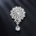 Elegant silver sunburst flower brooch with white crystals and teardrop pendant - XD826054-2-Silver Vintage Sunflower Teardrop
