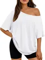 White off-shoulder oversized short sleeve T-shirt for women in casual loose fit style - S / White