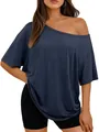 Women's off-shoulder short sleeve T-shirt in dark navy blue with a relaxed fit - S / Navy Blue
