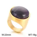 23mm wide golden stainless steel ring with a large round dark purple gemstone - Gold + Dark Purple Gemstone (KR108107-K)