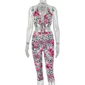 Detail von Leoparden- und Blumendruck-Set mit Neckholder-Top und Leggings - S / Rosa Leopard