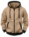 Détails d'un sweat à capuche kaki avec bordures noires contrastées et tirettes orange - Kaki