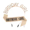 Serre-tête Birthday Girl en strass et écharpe dorée pailletée pour célébrations - Or Strass Blanc + Écharpe Dorée Lettres Noires