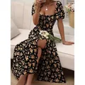 Slim fit black floral summer dress with square neckline and puff sleeves and high side slit - S / Black and Yellow