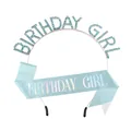 Ensemble écharpe Birthday Girl bleu clair et diadème en strass pour fête d'anniversaire - Argent Strass Bleu + Écharpe Holographique Bleu Clair