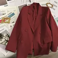 Women's double-breasted wine red blazer jacket with classic lapels and flap pockets - Raspberry