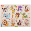 Wooden animal puzzle for toddlers with peg handles featuring lion and giraffe motifs - Animal Theme Peg Puzzle