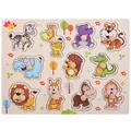 Wooden animal puzzle for toddlers with peg handles featuring lion and giraffe motifs - Animal Theme Peg Puzzle