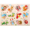 Educational wooden insect puzzle with handles featuring 12 colorful cartoon bugs for kids - Insect Theme Peg Puzzle