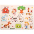 Educational wooden farm animal puzzle board with cylindrical pegs for toddler grip training - Farm Theme Peg Puzzle