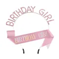 Ensemble serre-tête Birthday Girl strass rose et écharpe pailletée pour fêtes - Argent Strass Rose + Écharpe Holographique Rose