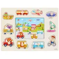 Wooden peg puzzle featuring colorful vehicles and ships for toddler motor skills - Transportation Theme Peg Puzzle
