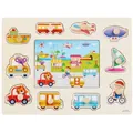 Wooden peg puzzle featuring colorful vehicles and ships for toddler motor skills - Transportation Theme Peg Puzzle