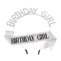 Ensemble serre-tête avec strass argentés et écharpe scintillante Birthday Girl - Argent Strass Blanc + Écharpe Argentée Lettres Noires