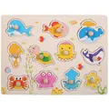 Wooden ocean animal peg puzzle for toddlers with 11 colorful sea creature pieces - Sea Animal Theme Peg Puzzle