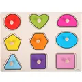 Wooden puzzle board with 9 colorful geometric shapes and knobs for early learning - 12 Color Geometric Shape Peg Board