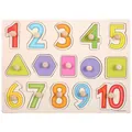 Wooden peg puzzle featuring colorful numbers 1-10 and basic geometric shapes for kids - Numbers 1-10 and Shapes Peg Puzzle