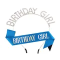 Set d'anniversaire avec serre-tête en strass et écharpe bleue pailletée pour fêtes - Argent Strass Blanc + Écharpe Holographique Bleu Foncé