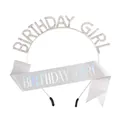 Ensemble fête avec diadème Birthday Girl en strass argentés et écharpe pailletée - Argent Strass Blanc + Écharpe Holographique Argentée