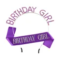Set de fête Birthday Girl avec serre-tête en strass violets et écharpe en satin violet - Argent Strass Violet + Écharpe Violette Lettres Argentées