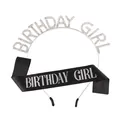 Set serre-tête strass Birthday Girl argenté avec écharpe en satin noir pour la fête - Argent Strass Blanc + Écharpe Noire Lettres Argentées