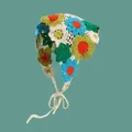 White hand-crocheted bandana with colorful 3D flowers and adjustable knit ties - Romantic Garden Blue