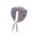 Hellblaues Strick-Bandana mit rosa Häkel-Blumenmustern und Bindebändern - Einheitsgröße / Schmetterling Lila