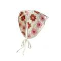 Handgefertigtes Häkel-Kopftuch mit rosa Blumen und cremefarbener Strickbasis - Einheitsgröße / Zweifarbig Rosa Khaki