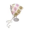 Handgefertigtes cremefarbenes Häkel-Kopftuch mit rosa Strickblumen für Damen - Einheitsgröße / Zweifarbige Rosa Grüne Blume