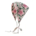 Handgefertigtes Häkel-Bandana in Beige mit rosa Blumenmuster und Bändern zum Binden - Einheitsgröße / Rosenrosa