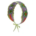 Buntes Häkel-Stirnband mit Blumenmuster in Violett und Grün sowie gewellter Spitze - Sonnenblume Band Lila Grün