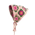 Rosafarbene handgehäkelte Bandana mit Sonnenblumenmuster und Bindebändern - Einheitsgröße / Tulpe Rosa